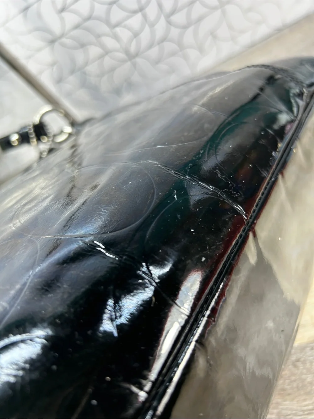 Coach black patent leather zip top tote bag
